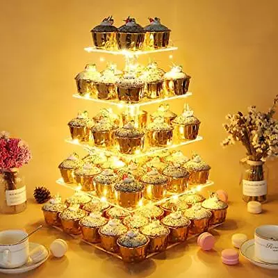 Vdomus 5 Tier Acrylic Cup Cake Stand Display Tower With Led String Lights Warm • $24.88