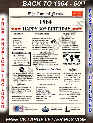 60th Happy Birthday Gift Born In 1964 Present Party Decor News Poster 60 Years • £5.99