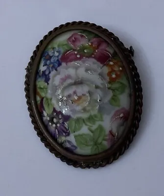 Vintage France Limoges Handpainted Flower Floral Porcelain Ceramic Brooch Pin • £28