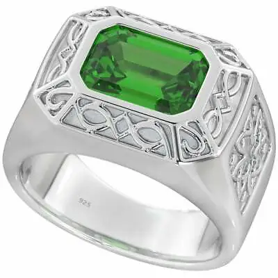 Mens Celtic 925 Sterling Silver Ring With Emerald-Cut Green Cubic Zirconia • £42.99