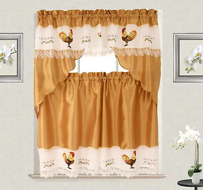 Rooster Macrame Embroidery Design Kitchen Curtain With Swag And Tier Set 36 Inch • $19.97