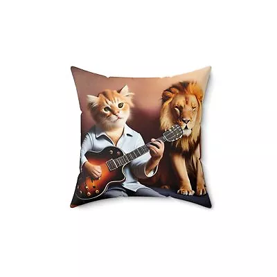 Spun Polyester Square Pillow Lion Cat And Music Lover Design • $19.95