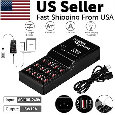 Multi 12 Port USB Charging Station Hub Desktop Wall Cell Phone Charger Organizer • $16.79