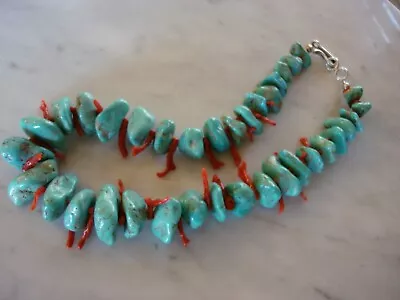 Vintage Navajo Chunky Turquoise Nugget Branch Coral Necklace • $95