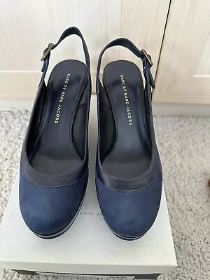 Mark Jacobs Sling Back Wedge Shoes Suede Navy Blue. Size EU37 / 4.5 UK • £29.99