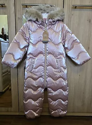 Next Baby Girl Pink Metallic Fleece Lined Snowsuit. Size 18 - 24 Months. BNWT • £14