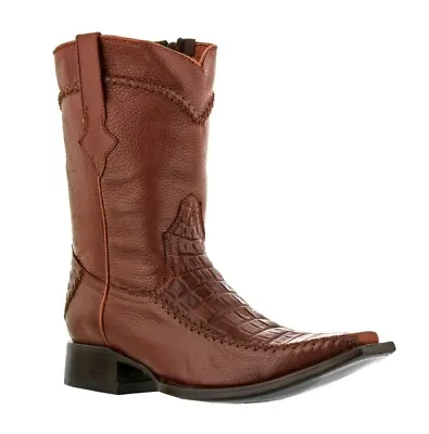 Mens Cowboy Boots Square Cognac Western Alligator Belly Print Zip Rocker Leather • $149.99