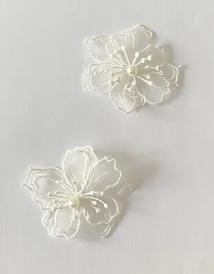 £2.99 • Buy  Pair Of Lace Applique Motif Flower With Pearl Patch  Sewing Bridal Wedding