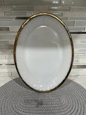 Vintage Fire King Oven Ware White Milk Glass Swirl Oval Serving Platter Gold Rim • $15