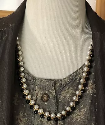 Vintage Faux Pearl Necklace Double Strand Crisscross Metal 24  Black White Beads • $8.99