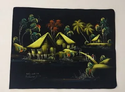 VINTAGE Black Velvet Painting SIGNED Landscape Vietnam  Mid-Century 14x18 Inches • $80