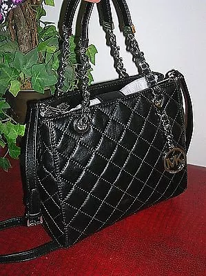 MICHAEL Michael Kors Black Susannah Quilted Lamb Leather Satchel Tote Chain Bag • $299.99