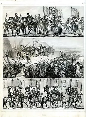 Medieval Army Banner Bearers Middle Age..antique Engraving...1849 • $19