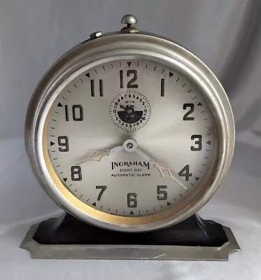 Vintage INGRAHAM Eight Day Automatic Alarm Clock (Bristol Conn.) Silver/Black • $59.90