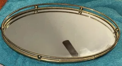 Vtg Oval Mirror Vanity Tray Gold Railed 9” X 13” • $15