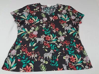 Scrubstar Pinapple Zebra Tropical Flowers Black Xl Scrub Uniform Shirt H1164 • $11.99
