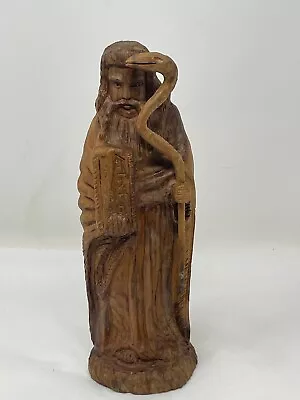 Vintage Hand Carved Olive Wood Moses W/snake Cane 10  Sculpture Israel Schwartz • $39.99