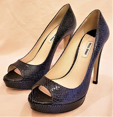 MIU MIU Made In Italy High Heel Shoes Sz.EU37/~US7/7.5 Blue Snake Print Leather • $149.98