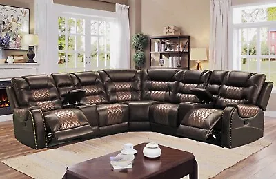 NEW 115  Sectional 2-Recliners Two-Tone Brown Leather Gel Traditional Rustic Set • $1879.99