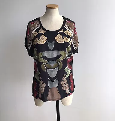 Desigual Dark Floral Boho Embellished Print Black Contrast Basic Tee Top Size M • $24.90