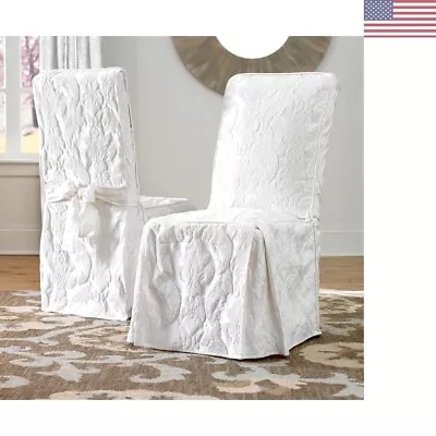 Matelasse Damask Print Dining Chair Slipcover - High Back Cover In Vintage White • $67.99