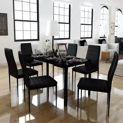 $474.95 • Buy 7 Pcs Dining Table Set Modern 6 Seater Glass Tabletop Faux Leather Chair Black