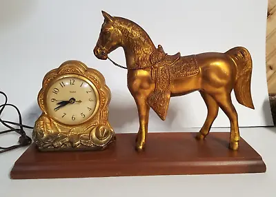 Vintage 1950’s United Brass Finish Western Horse 17”x11” Mantle Clock Works • $75