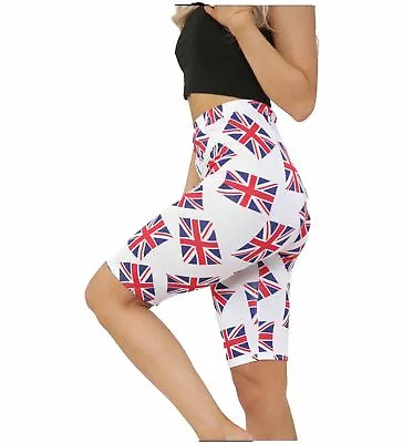 Women’s Union Jack British Flag Printed Elasticated Waist Knee Length Shorts • £8.95