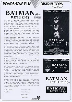 BATMAN RETURNS Original Australian Movie Press Sheet Michael Keaton • $24.99