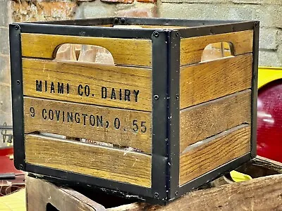 Vintage 1955 Miami County Dairy Box Wood Crate W/ 9 Milk Bottles Covington OH • $225.67