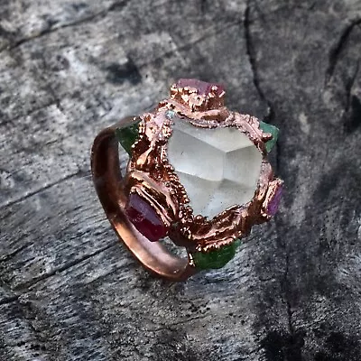 Natural Raw Crystal & Multi Tourmaline Gemstone Ring Vintage Boho Statement Ring • $17.73