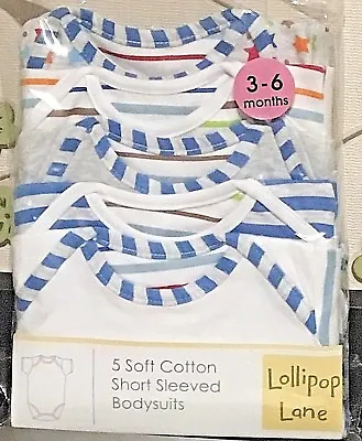 £7.99 • Buy 5 Packs Lollipop Lane  Baby BOYS Short Sleeve Bodysuit  Soft Cotton Cute Design 