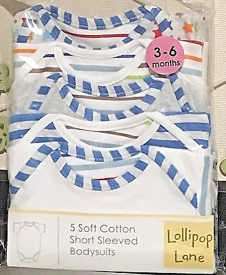 5 Packs Lollipop Lane  Baby BOYS Short Sleeve Bodysuit  Soft Cotton Cute Design  • £7.99