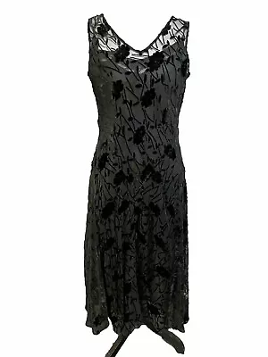 ICE Vintage V-Neck Midi Dress Black Velvet Burnout Sleeveless Cowl Back Size 6P • $34.88