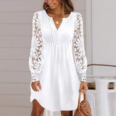Women Lace Floral Mini Dress Ladies Button V Neck Long Sleeve Swing Shirt Dress • $20.89