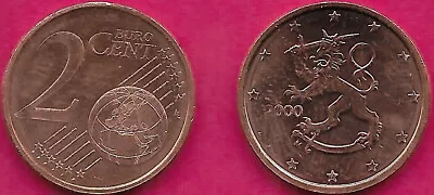 Finland 2 Euro Cent 2000m Unc Rampant Lion Left Surrounded By Starsdate At • $2.10