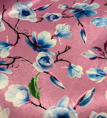 Pink & Blue Magnolia Floral - Stretch Polyester Taffeta Fabric • $2.75