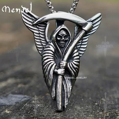 MENDEL Goth Mens Biker Skull Grim Reaper Death Pendant Necklace Stainless Steel • $12.99