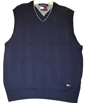 Tommy Hilfiger Sweater Vest Men's L Blue Knit V-Neck Sleeveless Logo Preppy • $12.99
