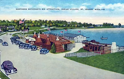 Vintage Kropp Linen Postcard  Northern Michigan's Indian Village  St Ignace Mich • $1.90