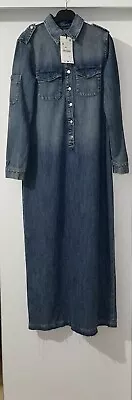 Zara Blue Cotton Denim Collared Trf Maxi Long Sleeves Shirt Dress Size M Bnwt • £34.99