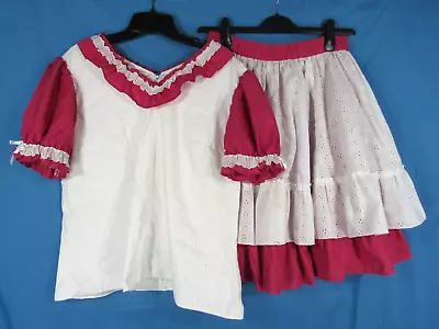 VTG CUSTOM Pink/White EYELET Layered RUFFLES Square Dance Outfit BLOUSE/SKIRT M • $32