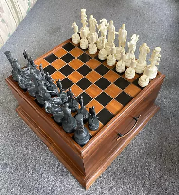 Vintage Hand Made Solid Hard Wood Chess Board Set Brass Handle Drawers 16 X16 X8 • $364.29