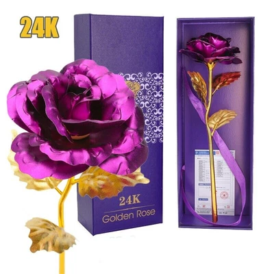 $13.76 • Buy 24k Gold Plated Foil Rose Flower Long Stem Dipped Valentines Day Gift For Her