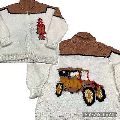 VTG Mary Maxim Sweater Cowichan Men 2XL Ford Model T Antique Car Handmade Knit • $198.87