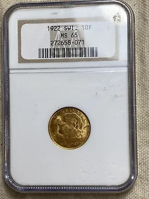 1922 B Gold Switzerland 10 Francs 3.225 Grams Helvetia Coin Ngc Ms 65 • $349.95