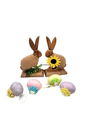 2 Mud Pie Easter Bunny Rabbit Decoration Center Piece Burlap Jacket + 4 Eggs • $30.76