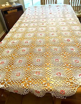 $70 • Buy Vintage Handmade Victorian White Pink Tablecloth Or Bedspread