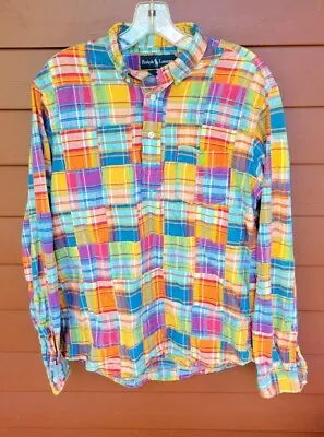 Ralph Lauren Jay L/S Shirt Mens  SM Plaid Madras Patchwork Popover Pullover Vtg • $44.95