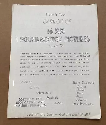 Catalog Of 16mm Sound Motion Pictures Joseph C. Ott Philadelphia PA Film Rental • $24.99